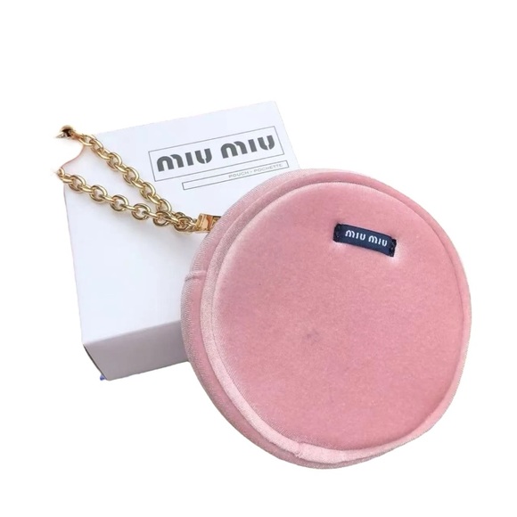 Miu Miu Handbags - New in Box Miu Miu GWPPink Velvet Round Wristlet with Gold Chain